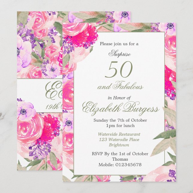 50 Fabulous Pink Floral Rose Chic Birthday Invitation (Front/Back)