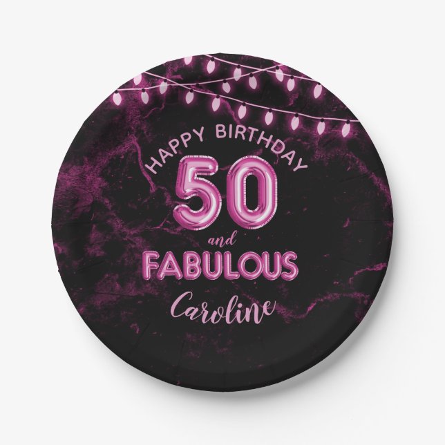 50 & Fabulous Pink Foil Balloons & String Lights Paper Plate (Front)