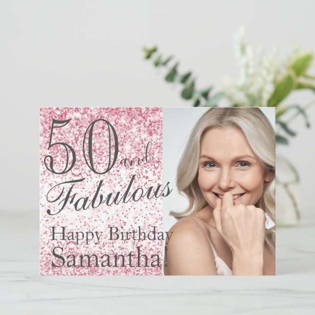 50 & Fabulous Pink Glitter Confetti Birthday Invitation (Standing Front)