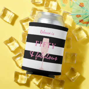 50 & Fabulous Pink Glitter on Black and White  Can Cooler