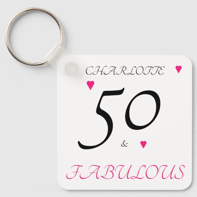 50 & fabulous pink hearts 50th birthday  key ring (Front)