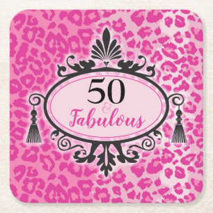 50 & Fabulous Pink Leopard 50th Birthday  Napkins  Square Paper Coaster