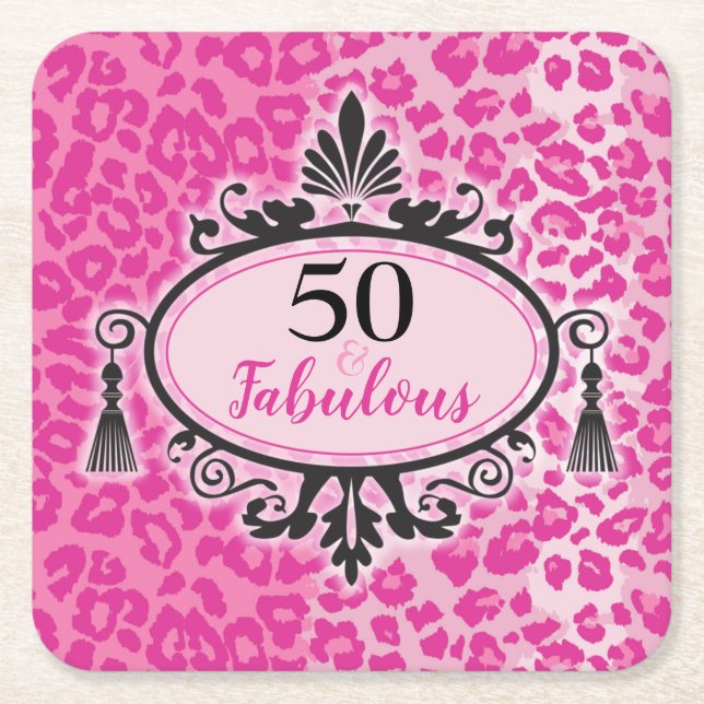 50 & Fabulous Pink Leopard 50th Birthday  Napkins  Square Paper Coaster (Front)