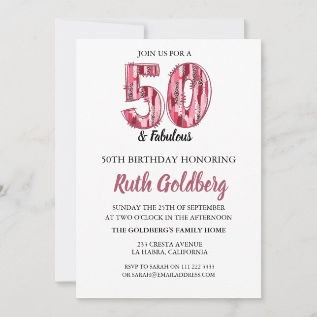 50 & Fabulous Pink Leopard Print Brusho Invitation (Front)