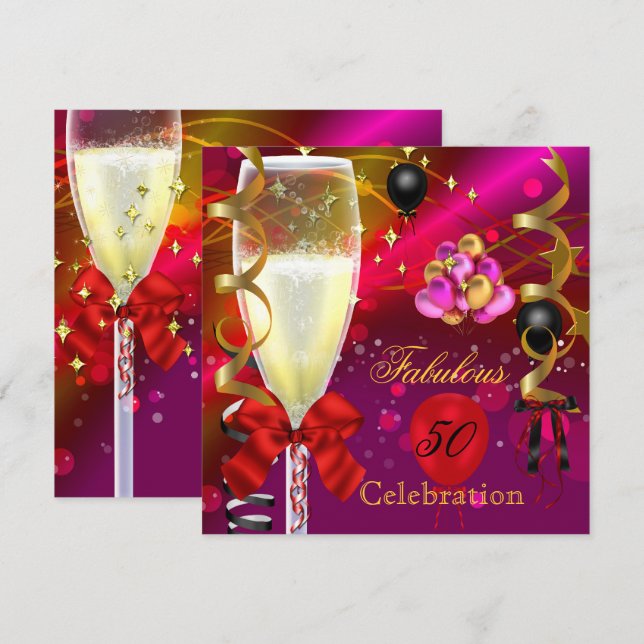 50 & Fabulous Pink Red Gold Black Birthday Party Invitation (Front/Back)