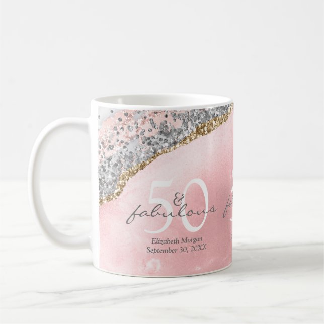 50 Fabulous Pink Rose Gold Glitter Birthday Coffee Mug (Left)