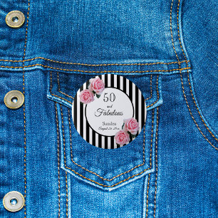 50 fabulous pink roses black white stripes 6 cm round badge