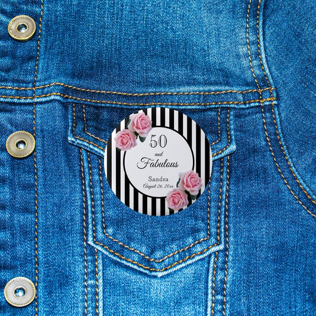 50 fabulous pink roses black white stripes 6 cm round badge (Creator Uploaded)
