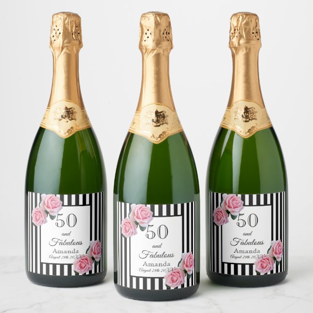 50 fabulous pink roses on black white stripes sparkling wine label (Bottles)