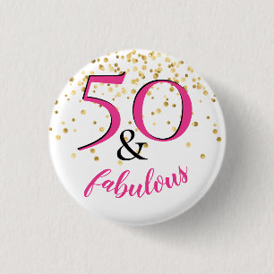 50 & Fabulous Pink & White Gold Dots Party Favour 3 Cm Round Badge