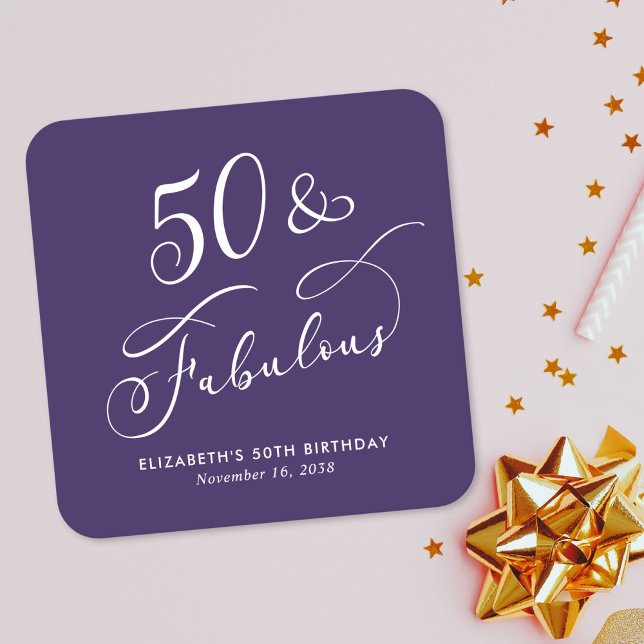 50 Fabulous Purple 50th Birthday Party Square Paper Coaster (Creator Uploaded)