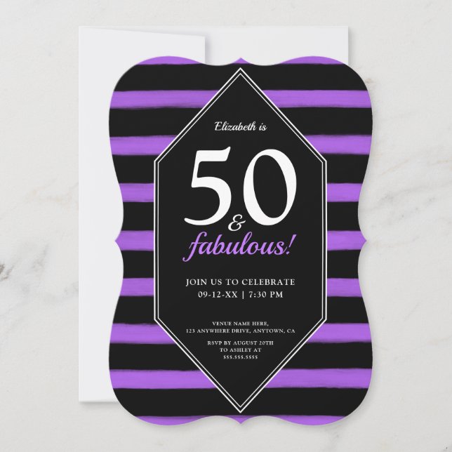 50 & Fabulous Purple & Black 50th Birthday Party Invitation (Front)