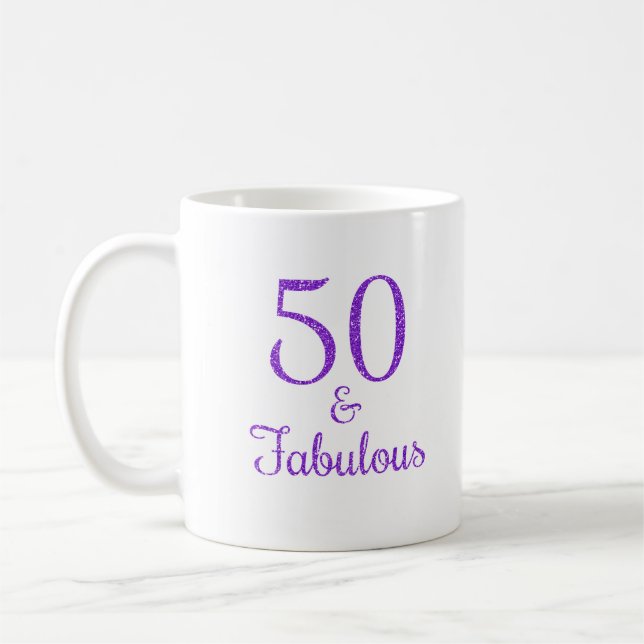 50 & Fabulous Purple Glitter Typography Coffee Mug (Left)