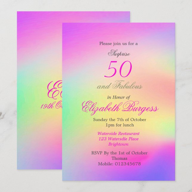 50 Fabulous Rainbow Tie Dye Pink Chic Birthday  Invitation (Front/Back)