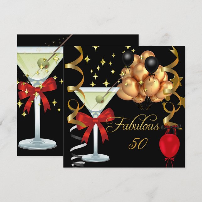 50 Fabulous Red Gold Black Martini Birthday Party Invitation (Front/Back)