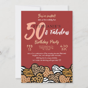 50 & Fabulous Red Wild Hearts Fifty Birthday Invitation