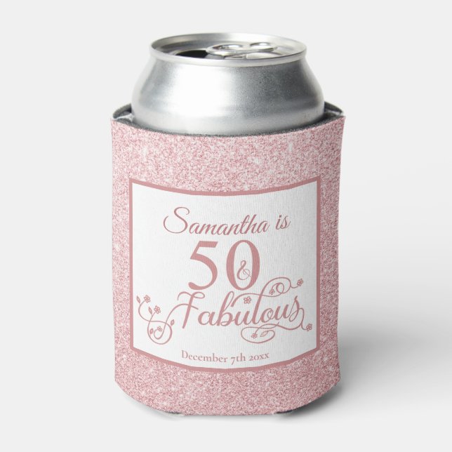 50 Fabulous Rose Glitter Elegant  50th Birthday Can Cooler (Can Front)
