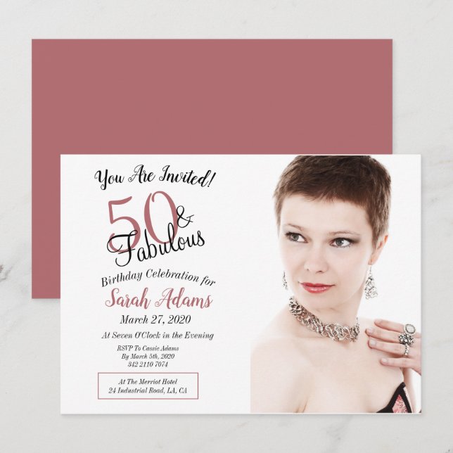 50 & Fabulous Rose Gold 50th Birthday Party Photo Invitation (Front/Back)