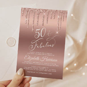 50 Fabulous Rose Gold Glitter Birthday Party Invitation