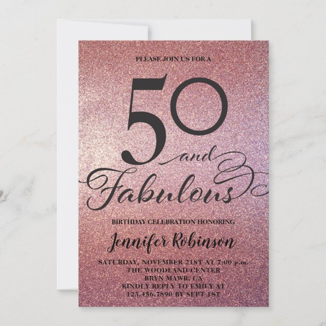 50 Fabulous Rose Gold Glitter Birthday Party Invitation (Front)