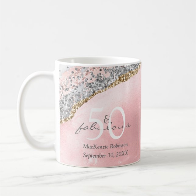 50 Fabulous Rose Gold Glitter Modern Birthday Coffee Mug (Left)