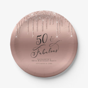 50 Fabulous Rose Gold Glitter Personalised Paper Plate