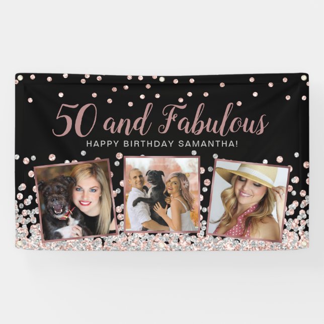 50 Fabulous Rose Gold Photo Collage 50th Birthday Banner (Horizontal)