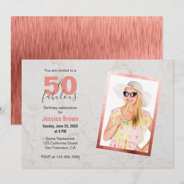 50 & Fabulous Rose Gold Pink Marble 50th Birthday Invitation (Front/Back)