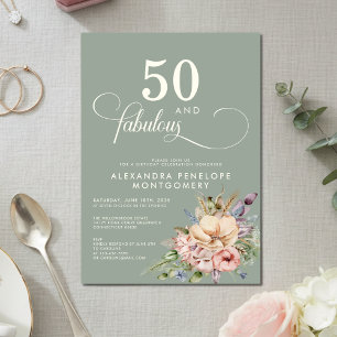 50 & Fabulous Sage Green Floral  Birthday Invitation