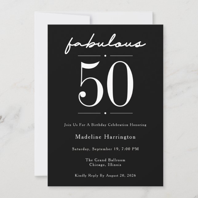 50 & Fabulous Script Black Birthday Party Invitation (Front)