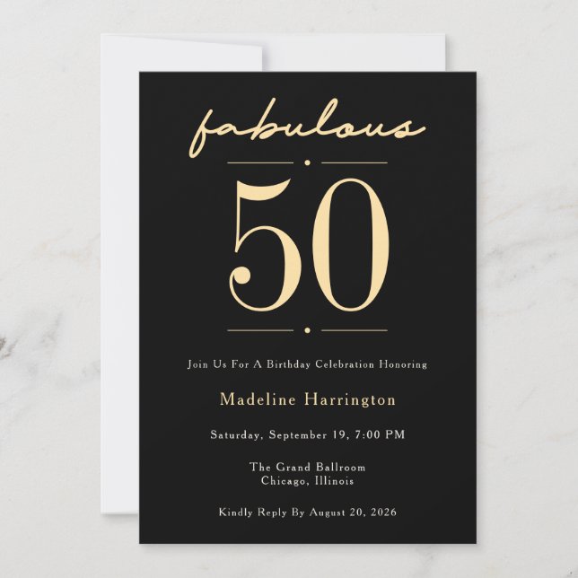 50 & Fabulous Script Black Gold Birthday Party Invitation (Front)