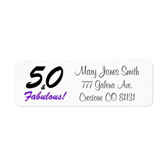 "50 & Fabulous" set in black & purple typography Return Address Label