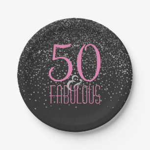 50 & Fabulous Silver Confetti   Pink 50th Birthday Paper Plate