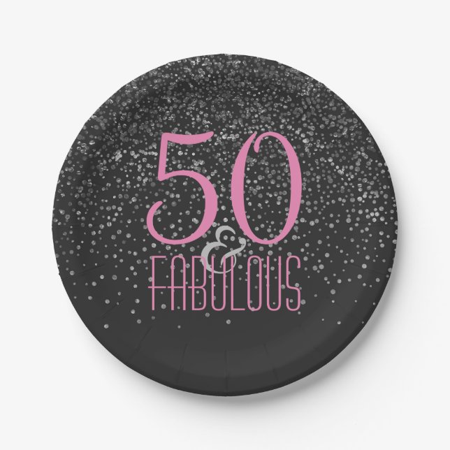 50 & Fabulous Silver Confetti | Pink 50th Birthday Paper Plate (Front)
