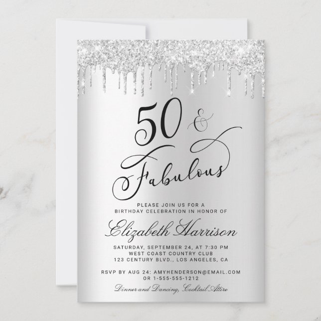 50 Fabulous Silver Glitter Birthday Party Invitation (Front)