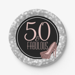 50 & Fabulous   Silver Pink 50th Birthday Party Paper Plate