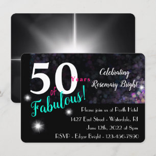 50 fabulous, simple bold pink teal white, w/ stars invitation