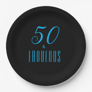 50 & Fabulous Sky Blue Black Paper Plate
