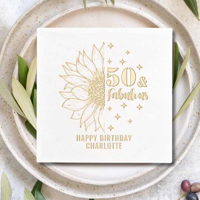 50 & Fabulous Sunflower 50th Birthday Personalised Foil Napkins (Creator Uploaded)