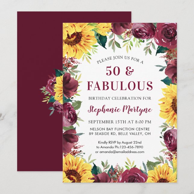 50 & Fabulous Sunflower Burgundy Rose Birthday Invitation (Front/Back)