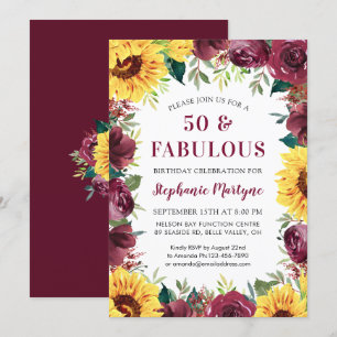 50 & Fabulous Sunflower Burgundy Rose Birthday Invitation