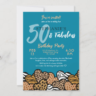 50 & Fabulous Teal Wild Hearts Fifty Birthday Invitation