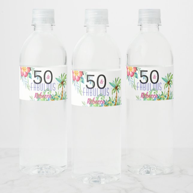 50 & Fabulous Tropical Floral Name 50th Birthday Water Bottle Label (Bottles)