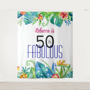 50 & Fabulous Tropical Floral Photo Booth Backdrop Tapestry