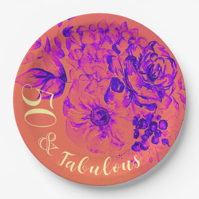 50 & Fabulous Vibrant Retro Floral  Paper Plate (Front)