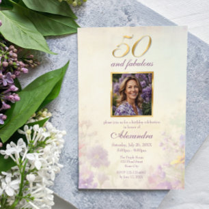 50 & Fabulous Vintage Purple Gold Floral Birthday Invitation