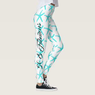 50 & Fabulous White Teal Blue Starfish Patterns Leggings