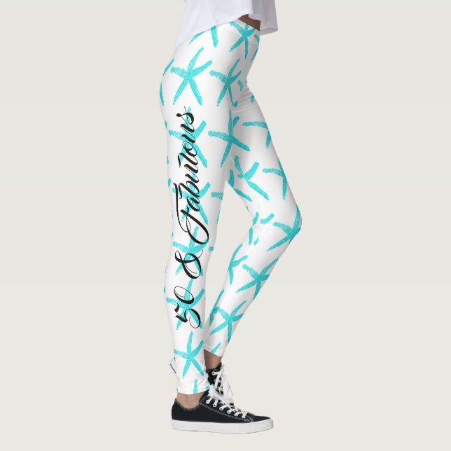 50 & Fabulous White Teal Blue Starfish Patterns Leggings (Right)