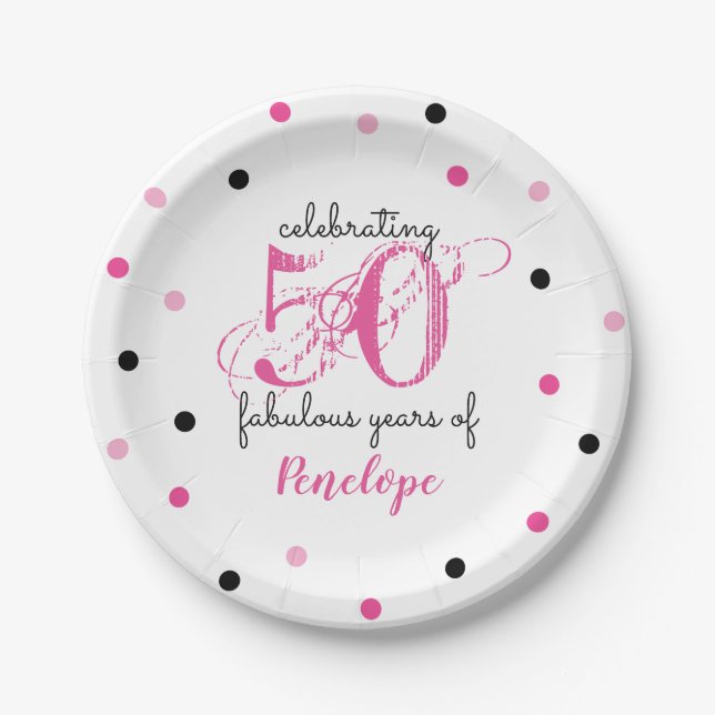 50 fabulous years Add Name polka dots Paper Plate (Front)