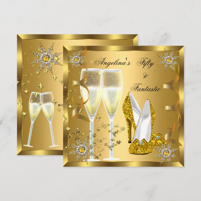 50 & Fantastic Champagne Heels Gold Snowflakes Invitation (Front/Back)